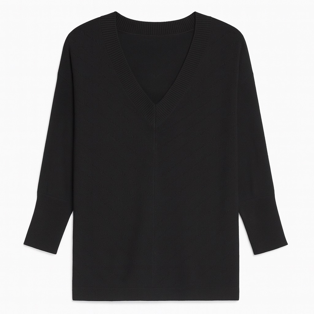 Talbots Black V-Neck Chevron Knit 3/4 Sleeve Sweater Size Medium